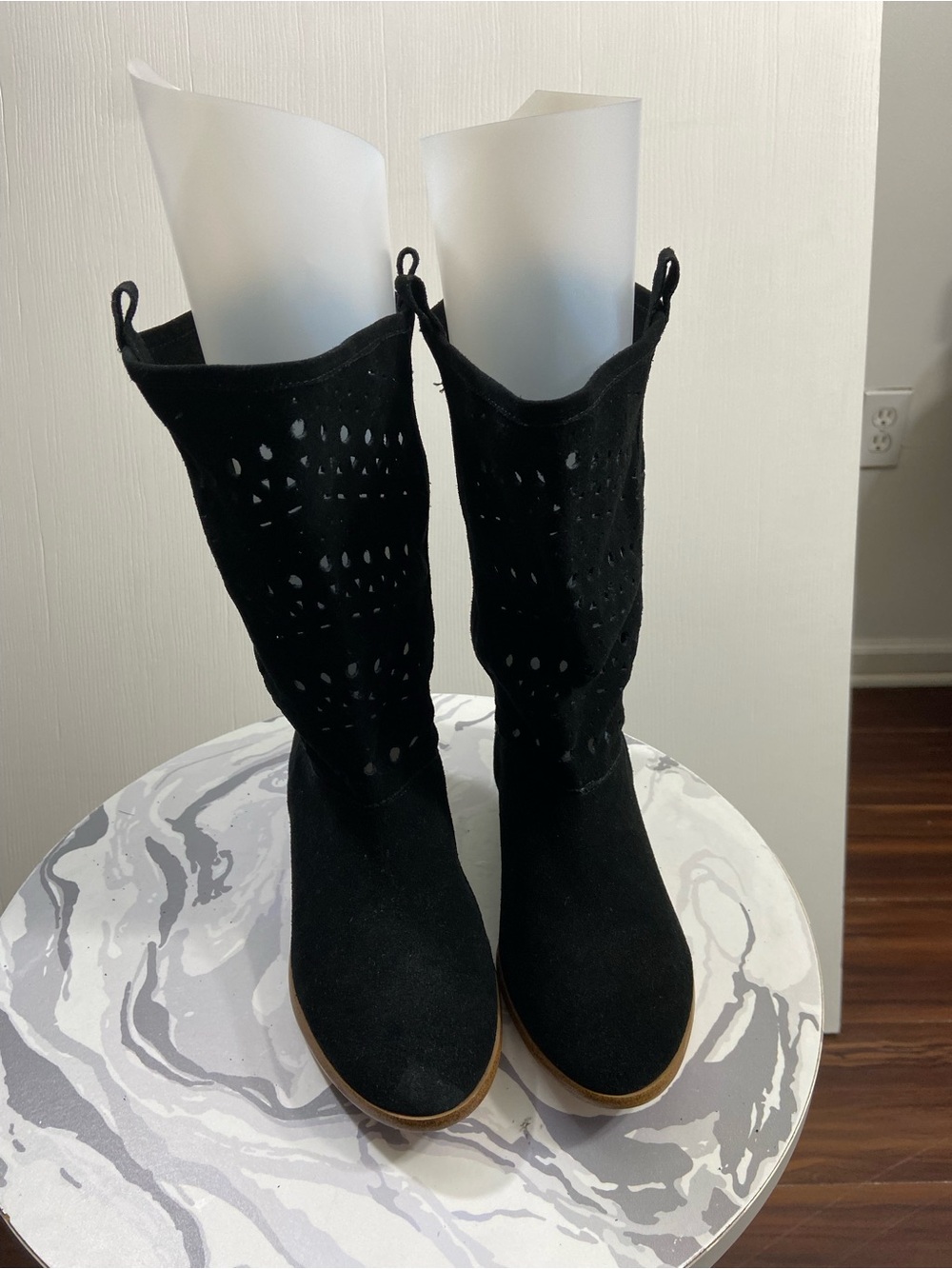 Decree Black Perforated Mid-Calf Heeled Boots